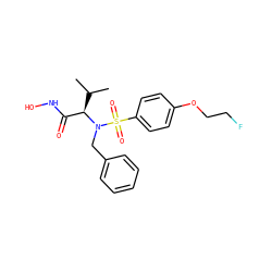 CC(C)[C@H](C(=O)NO)N(Cc1ccccc1)S(=O)(=O)c1ccc(OCCF)cc1 ZINC000028865121