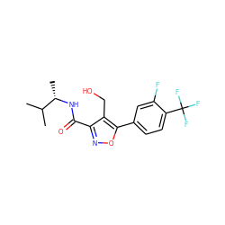 CC(C)[C@H](C)NC(=O)c1noc(-c2ccc(C(F)(F)F)c(F)c2)c1CO ZINC000072176673