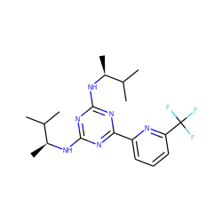 CC(C)[C@H](C)Nc1nc(N[C@@H](C)C(C)C)nc(-c2cccc(C(F)(F)F)n2)n1 ZINC000223123773