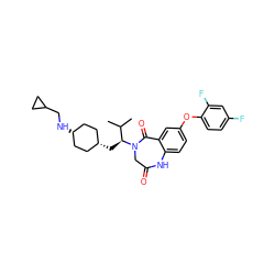 CC(C)[C@H](C[C@H]1CC[C@@H](NCC2CC2)CC1)N1CC(=O)Nc2ccc(Oc3ccc(F)cc3F)cc2C1=O ZINC000261119052