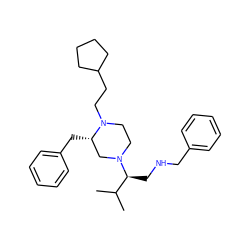 CC(C)[C@H](CNCc1ccccc1)N1CCN(CCC2CCCC2)[C@@H](Cc2ccccc2)C1 ZINC000045284792