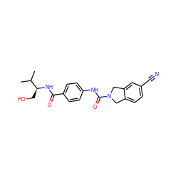 CC(C)[C@H](CO)NC(=O)c1ccc(NC(=O)N2Cc3ccc(C#N)cc3C2)cc1 ZINC000165867599