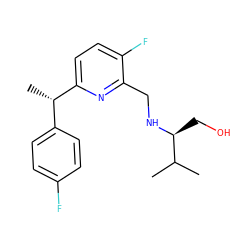 CC(C)[C@H](CO)NCc1nc([C@@H](C)c2ccc(F)cc2)ccc1F ZINC000204423735