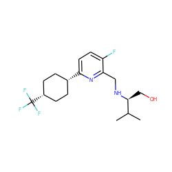 CC(C)[C@H](CO)NCc1nc([C@H]2CC[C@@H](C(F)(F)F)CC2)ccc1F ZINC000261121472