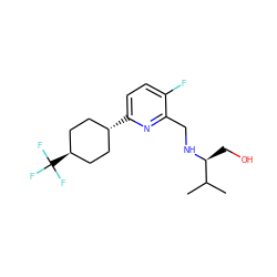 CC(C)[C@H](CO)NCc1nc([C@H]2CC[C@H](C(F)(F)F)CC2)ccc1F ZINC000261121476