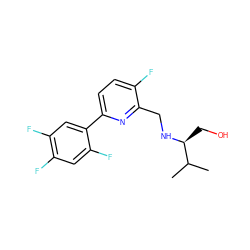 CC(C)[C@H](CO)NCc1nc(-c2cc(F)c(F)cc2F)ccc1F ZINC000204422186