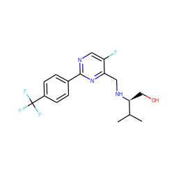 CC(C)[C@H](CO)NCc1nc(-c2ccc(C(F)(F)F)cc2)ncc1F ZINC000204413952