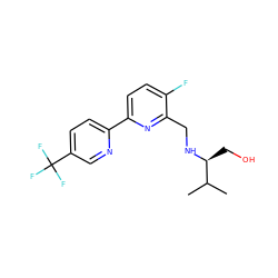 CC(C)[C@H](CO)NCc1nc(-c2ccc(C(F)(F)F)cn2)ccc1F ZINC000204414523