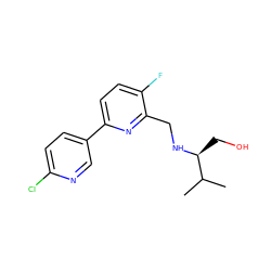 CC(C)[C@H](CO)NCc1nc(-c2ccc(Cl)nc2)ccc1F ZINC000218696686