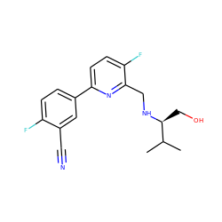 CC(C)[C@H](CO)NCc1nc(-c2ccc(F)c(C#N)c2)ccc1F ZINC000204419540