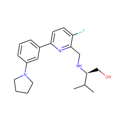 CC(C)[C@H](CO)NCc1nc(-c2cccc(N3CCCC3)c2)ccc1F ZINC000204414503