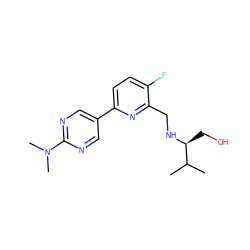 CC(C)[C@H](CO)NCc1nc(-c2cnc(N(C)C)nc2)ccc1F ZINC000204414188