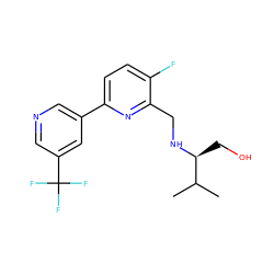 CC(C)[C@H](CO)NCc1nc(-c2cncc(C(F)(F)F)c2)ccc1F ZINC000204419295