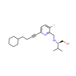 CC(C)[C@H](CO)NCc1nc(C#CCCC2CCCCC2)ccc1F ZINC000204419745