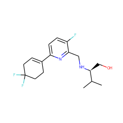 CC(C)[C@H](CO)NCc1nc(C2=CCC(F)(F)CC2)ccc1F ZINC000204407502