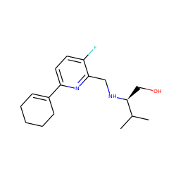 CC(C)[C@H](CO)NCc1nc(C2=CCCCC2)ccc1F ZINC000204412646