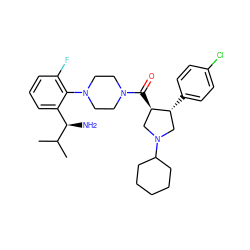 CC(C)[C@H](N)c1cccc(F)c1N1CCN(C(=O)[C@@H]2CN(C3CCCCC3)C[C@H]2c2ccc(Cl)cc2)CC1 ZINC000028824185