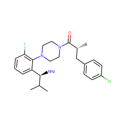 CC(C)[C@H](N)c1cccc(F)c1N1CCN(C(=O)[C@H](C)Cc2ccc(Cl)cc2)CC1 ZINC000040956607