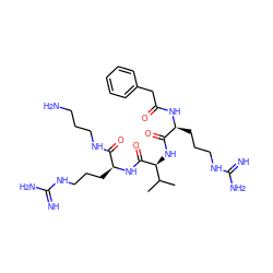 CC(C)[C@H](NC(=O)[C@H](CCCNC(=N)N)NC(=O)Cc1ccccc1)C(=O)N[C@@H](CCCNC(=N)N)C(=O)NCCCN ZINC000049680220