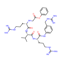 CC(C)[C@H](NC(=O)[C@H](CCCNC(=N)N)NCC(=O)Oc1ccccc1)C(=O)N[C@@H](CCCNC(=N)N)C(=O)Nc1cccc(CNC(=N)N)c1 ZINC000084653354