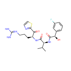 CC(C)[C@H](NC(=O)[C@H](O)c1cccc(F)c1)C(=O)N[C@@H](CCCN=C(N)N)C(=O)c1nccs1 ZINC000036184944