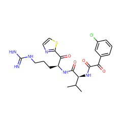 CC(C)[C@H](NC(=O)C(=O)c1cccc(Cl)c1)C(=O)N[C@@H](CCCNC(=N)N)C(=O)c1nccs1 ZINC000029125559