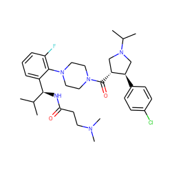 CC(C)[C@H](NC(=O)CCN(C)C)c1cccc(F)c1N1CCN(C(=O)[C@@H]2CN(C(C)C)C[C@H]2c2ccc(Cl)cc2)CC1 ZINC000029130667