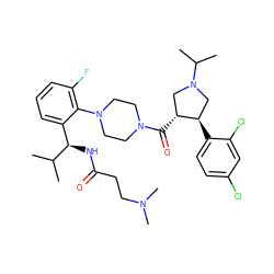 CC(C)[C@H](NC(=O)CCN(C)C)c1cccc(F)c1N1CCN(C(=O)[C@@H]2CN(C(C)C)C[C@H]2c2ccc(Cl)cc2Cl)CC1 ZINC000029130355