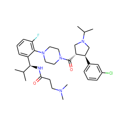 CC(C)[C@H](NC(=O)CCN(C)C)c1cccc(F)c1N1CCN(C(=O)[C@@H]2CN(C(C)C)C[C@H]2c2cccc(Cl)c2)CC1 ZINC000029130591