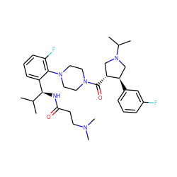 CC(C)[C@H](NC(=O)CCN(C)C)c1cccc(F)c1N1CCN(C(=O)[C@@H]2CN(C(C)C)C[C@H]2c2cccc(F)c2)CC1 ZINC000029130491