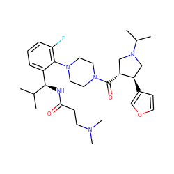 CC(C)[C@H](NC(=O)CCN(C)C)c1cccc(F)c1N1CCN(C(=O)[C@@H]2CN(C(C)C)C[C@H]2c2ccoc2)CC1 ZINC000029131456