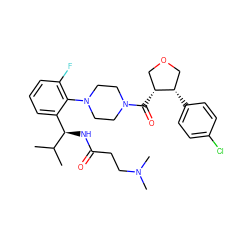 CC(C)[C@H](NC(=O)CCN(C)C)c1cccc(F)c1N1CCN(C(=O)[C@@H]2COC[C@@H]2c2ccc(Cl)cc2)CC1 ZINC000029039391