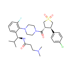 CC(C)[C@H](NC(=O)CCN(C)C)c1cccc(F)c1N1CCN(C(=O)[C@@H]2CS(=O)(=O)C[C@H]2c2ccc(Cl)cc2)CC1 ZINC000029039380