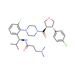 CC(C)[C@H](NC(=O)CCN(C)C)c1cccc(F)c1N1CCN(C(=O)[C@H]2COC[C@@H]2c2ccc(Cl)cc2)CC1 ZINC000029039393