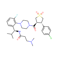 CC(C)[C@H](NC(=O)CCN(C)C)c1cccc(F)c1N1CCN(C(=O)[C@H]2CS(=O)(=O)C[C@@H]2c2ccc(Cl)cc2)CC1 ZINC000029039378