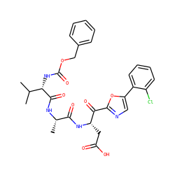 CC(C)[C@H](NC(=O)OCc1ccccc1)C(=O)N[C@@H](C)C(=O)N[C@@H](CC(=O)O)C(=O)c1ncc(-c2ccccc2Cl)o1 ZINC000026995487