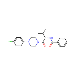 CC(C)[C@H](NC(=O)c1ccccc1)C(=O)N1CCN(c2ccc(Cl)cc2)CC1 ZINC000095578737