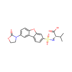 CC(C)[C@H](NS(=O)(=O)c1ccc2c(c1)oc1ccc(N3CCOC3=O)cc12)C(=O)O ZINC000043014500