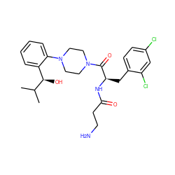 CC(C)[C@H](O)c1ccccc1N1CCN(C(=O)[C@@H](Cc2ccc(Cl)cc2Cl)NC(=O)CCN)CC1 ZINC000045495786