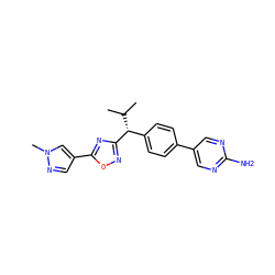 CC(C)[C@H](c1ccc(-c2cnc(N)nc2)cc1)c1noc(-c2cnn(C)c2)n1 ZINC000146158134