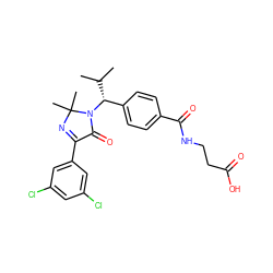 CC(C)[C@H](c1ccc(C(=O)NCCC(=O)O)cc1)N1C(=O)C(c2cc(Cl)cc(Cl)c2)=NC1(C)C ZINC000169700301