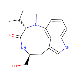 CC(C)[C@H]1C(=O)N[C@H](CO)Cc2c[nH]c3cccc(c23)N1C ZINC000002517049