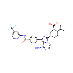 CC(C)[C@H]1CC[C@@H](c2nc(-c3ccc(C(=O)Nc4cc(C(F)(F)F)ccn4)cc3)c3c(N)nccn23)C[C@H]1C(=O)O ZINC001772616919