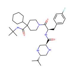 CC(C)[C@H]1CN[C@H](C(=O)N[C@H](Cc2ccc(F)cc2)C(=O)N2CCC(C(=O)NC(C)(C)C)(C3CCCCC3)CC2)CN1 ZINC000028477938