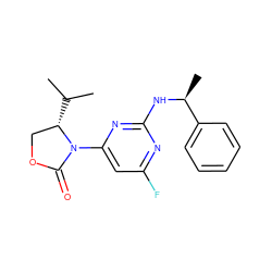 CC(C)[C@H]1COC(=O)N1c1cc(F)nc(N[C@@H](C)c2ccccc2)n1 ZINC000222619134