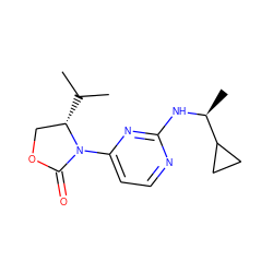 CC(C)[C@H]1COC(=O)N1c1ccnc(N[C@@H](C)C2CC2)n1 ZINC000142055295