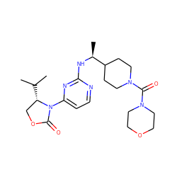 CC(C)[C@H]1COC(=O)N1c1ccnc(N[C@@H](C)C2CCN(C(=O)N3CCOCC3)CC2)n1 ZINC000222659599