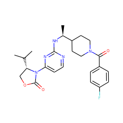 CC(C)[C@H]1COC(=O)N1c1ccnc(N[C@@H](C)C2CCN(C(=O)c3ccc(F)cc3)CC2)n1 ZINC000222661482