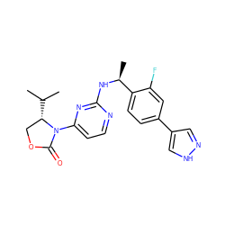 CC(C)[C@H]1COC(=O)N1c1ccnc(N[C@@H](C)c2ccc(-c3cn[nH]c3)cc2F)n1 ZINC000142135621