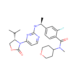 CC(C)[C@H]1COC(=O)N1c1ccnc(N[C@@H](C)c2ccc(C(=O)N(C)C3CCOCC3)c(F)c2)n1 ZINC000142072398